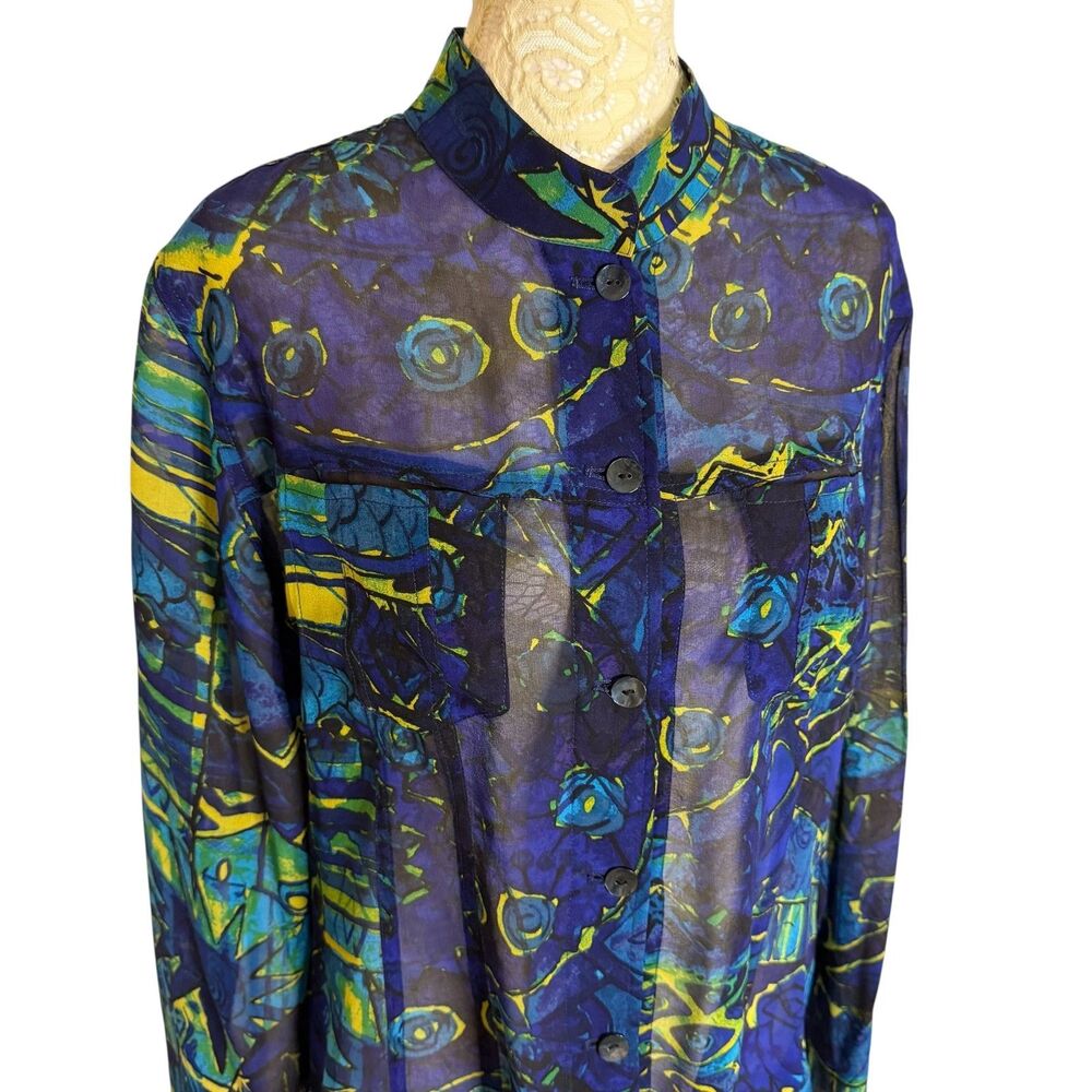 Chicos Silk Blouse Top Shirt Sheer Button Front Geometric Blue 1 US M 8 - Picture 2 of 7